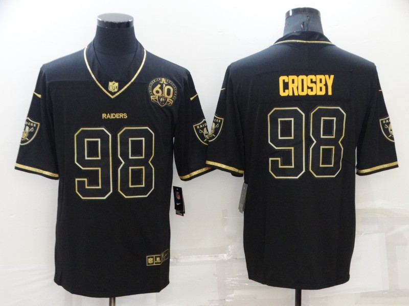 Men's Las Vegas Raiders #98 Maxx Crosby Black/Gold With 60th Anniversary Patch Vapor Limited Stitched Jersey Men's Las Vegas Raiders #98 Maxx Crosby Black/Gold With 60th Anniversary Patch Vapor Limited Stitched Jersey